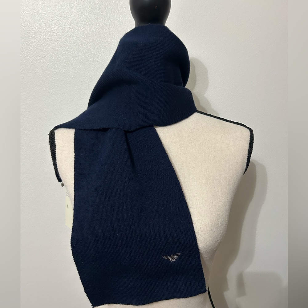 Armani Junior scarf 44”x7.25” navy wool blend with COA authentic NWT Milan Italy